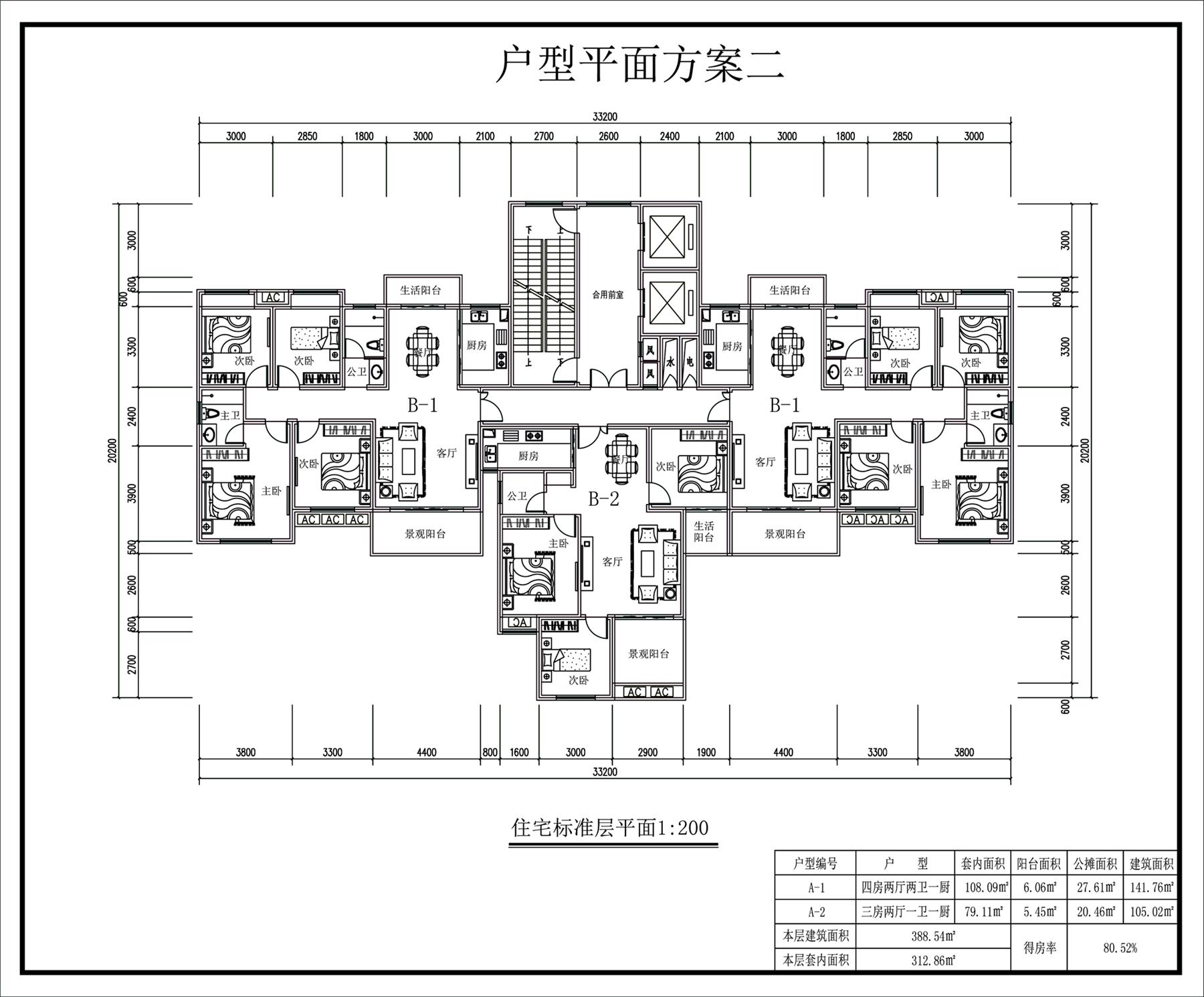 戶型-多個經(jīng)典一梯多戶一類高層住宅戶型圖（南北通透）-二戶型