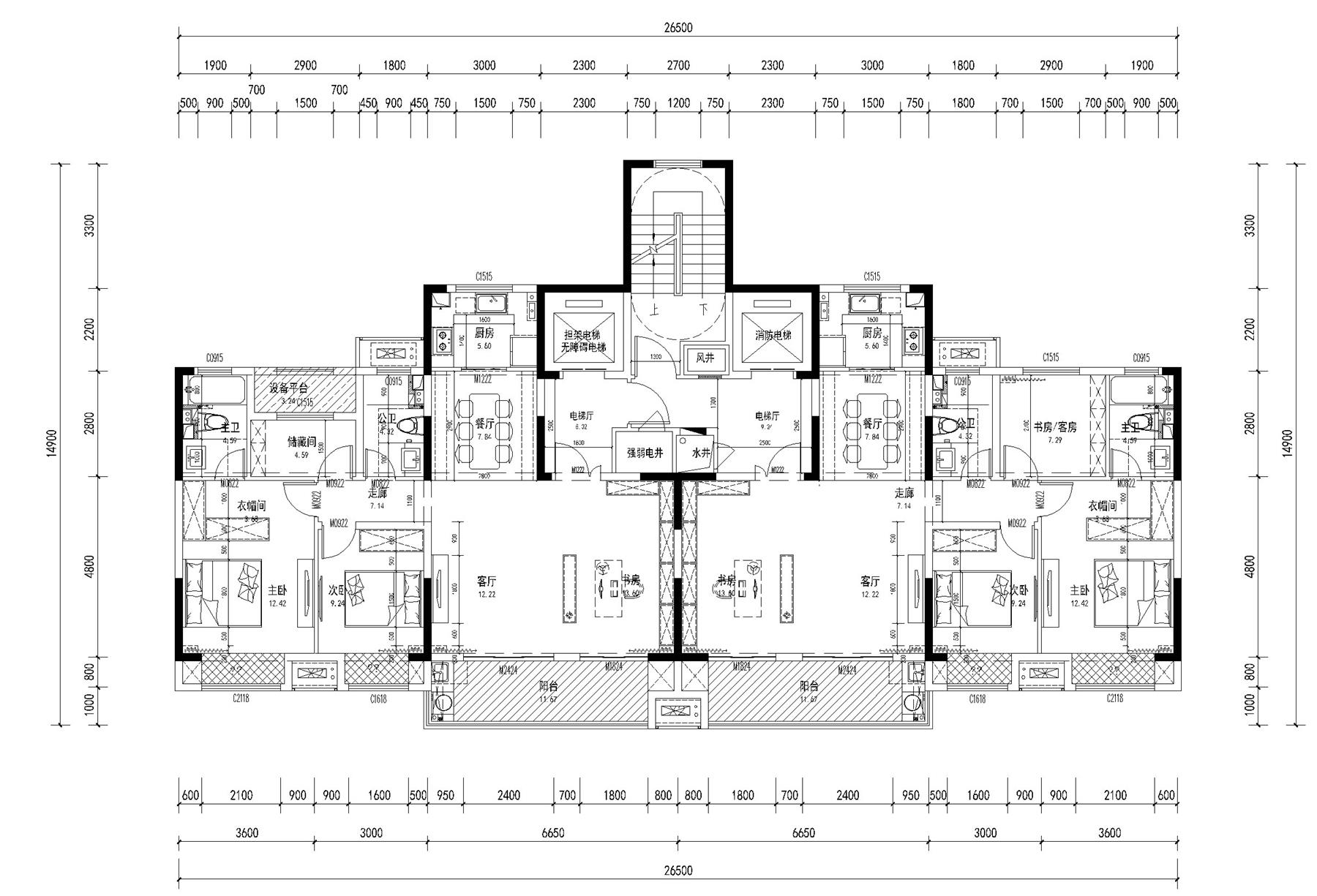 戶型-研發(fā)CAD戶型庫-18下（12~18層）-寬廳