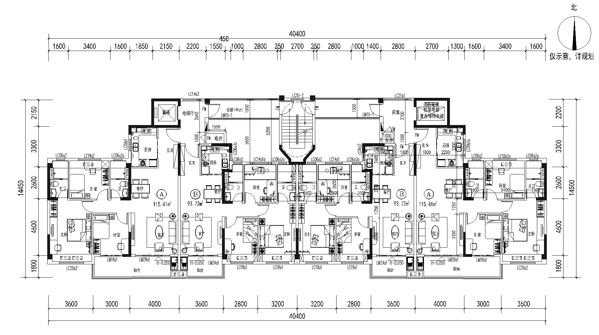戶型-YJ115&95(T4-18X)(三開間 三房 合廳 南方版)